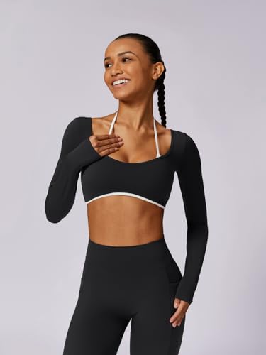 Workout Sets for Women Long Sleeve Crop Top Scrunch Butt Lifting High Waist Leggings with Pockets 2 Piece Outfits
