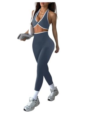 Women's 2 Piece Workout Set Twist Front Halter Yoga Crop Top High Waist Leggings Outfits