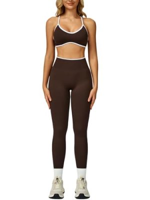 Womens 2 Piece Workout Sets Seamless Color Block Sports Bra Scrunch Butt Lifting High Waist Leggings Gym Set
