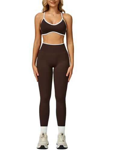 Womens 2 Piece Workout Sets Seamless Color Block Sports Bra Scrunch Butt Lifting High Waist Leggings Gym Set