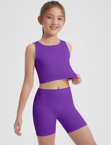 Girl's 2 Piece Outfits Workout Set Seamless Ribbed Cropped Tank Tops and Athletic Shorts Summer Kids 6-14Y