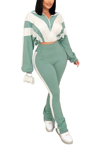 Women's Color Block 2 Piece 80s 90s Outfits Sweatshirt Zip Up Jacket and Bodycon Pants Tracksuit Sets