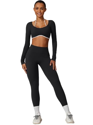Workout Sets for Women Long Sleeve Crop Top Scrunch Butt Lifting High Waist Leggings with Pockets 2 Piece Outfits
