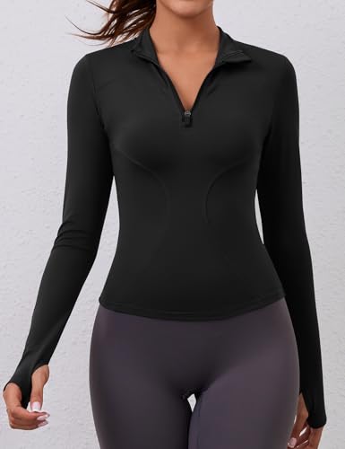 Womens Long Sleeve Workout Tops Quick Dry Quarter Zip Pullover Crop Yoga Athletic Slim Fit Shirts