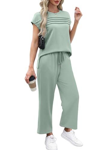 Two Piece Sets for Women Summer Travel Vacation Outfits Cap Sleeve Lounge Matching Sets Wide Leg Pants S-3XL