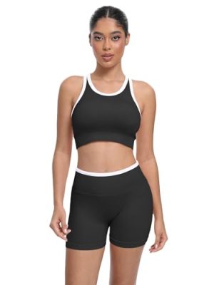 2 Piece Workout Sets for Women Seamless Ribbed Padded Sport Bra High Waisted Yoga Shorts Matching Gym Outfits