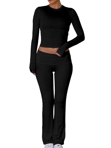Women's Workout 2 Piece Lounge Sets Long Sleeve Tops Foldover Flare Pants Casual Outfits Tracksuit