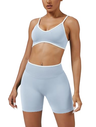 Workout Sets for Women Color Block Sports Bra Hidden Scrunch High Waist Biker Shorts 2 Piece Gym Yoga Outfits