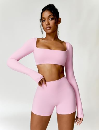 Workout Sets for Women 2 Piece Square Neck Long Sleeve Crop Tops High Waist Biker Shorts Gym Sets