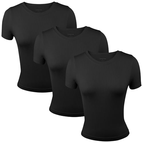 31BDBMJI1CL.jpg 3 Pack Stretch Workout Tee Shirts for Women, Ribbed Crewneck Womens Short Sleeve Yoga Tees (Available in Plus)