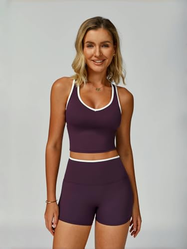 Workout Sets for Women 2 Piece Color Block V Neck Racerback Tank Top Built in Bra High Waist Shorts