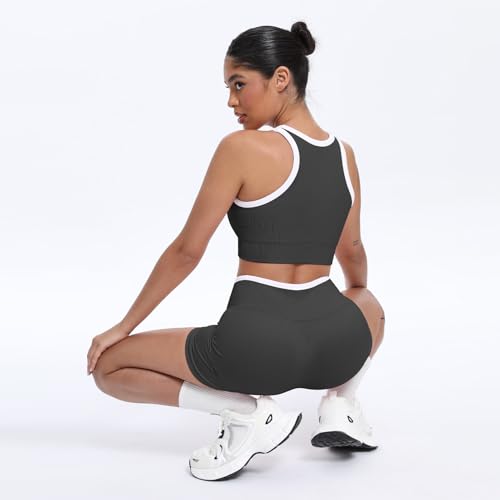 2 Piece Workout Sets for Women Seamless Ribbed Padded Sport Bra High Waisted Yoga Shorts Matching Gym Outfits