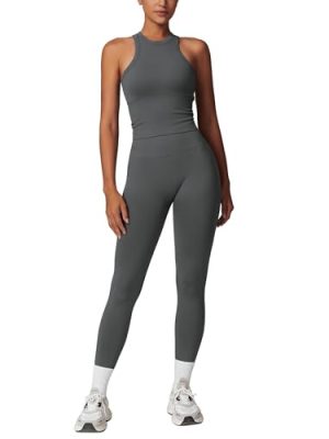 Womens Workout Sets Two Piece Racer-back Tank Top Matching High Waist Leggings Sets Gym Outfits Work Out Clothes