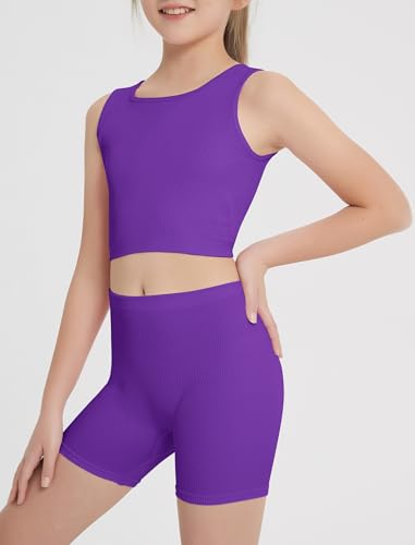 Girl's 2 Piece Outfits Workout Set Seamless Ribbed Cropped Tank Tops and Athletic Shorts Summer Kids 6-14Y