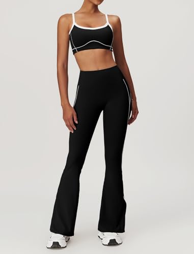 Yoga sets for women 2 piece Fashion contrasting lines Sports Bra and High Wasit Split hem Flared Leggings