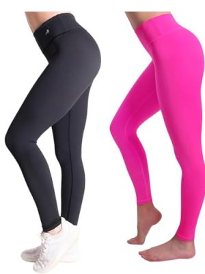 Tummy Control Compression Leggings for Women | High Waisted Workout Yoga Pants (Black + Pink, Large) Bundle