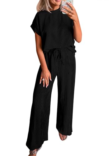31GjUWW9JfL.jpg Summer Sets Women 2 Piece Outfits Casual Ribbed Knit Short Sleeve Tops Wide Leg Pants Lounge Set Travel Tracksuit