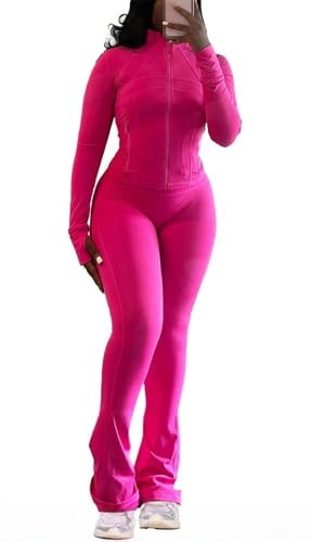 Womens Two Piece Outfits Fall Workout Zip Up Sweatshirt And Jogger Flare Yoga Pants Gym Sweat Suits 2 Piece Set