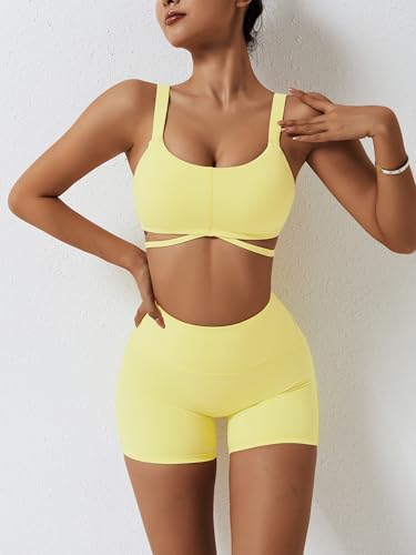Workout Sets for Women 2 Piece Twist Front Halter Sports Bras High Waist Biker Shorts Exercise Gym Yoga Outfit