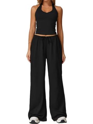 2 Pieces Women Workout Outfits Fitness Sportswear Gym Wide Leg Straight Pants Tracksuit Sports Tank Suit