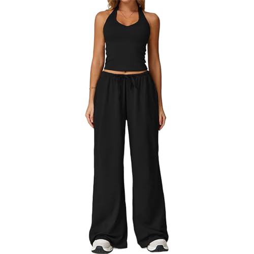 2 Pieces Women Workout Outfits Fitness Sportswear Gym Wide Leg Straight Pants Tracksuit Sports Tank Suit