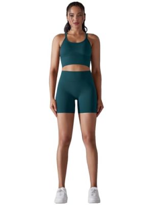 Women's Workout Sets 2 Piece Yoga Outfits High Waisted Yoga Leggings Shorts and Sports Bra Gym Clothes Tracksuit