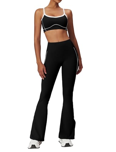 Yoga sets for women 2 piece Fashion contrasting lines Sports Bra and High Wasit Split hem Flared Leggings