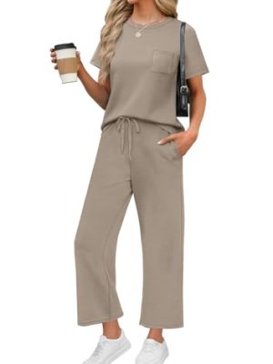 2 Piece Sets for Women Casual Summer Travel Vacation Outfits Short Sleeve Wide Leg Crop Pants Lounge Sets