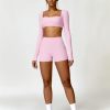 Workout Sets for Women 2 Piece Square Neck Long Sleeve Crop Tops High Waist Biker Shorts Gym Sets
