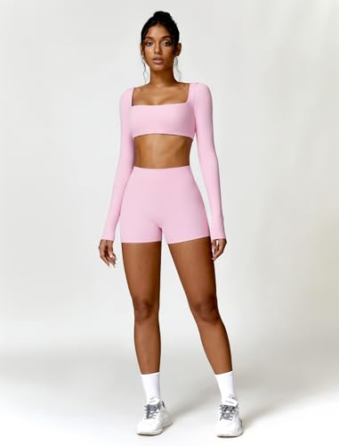 Workout Sets for Women 2 Piece Square Neck Long Sleeve Crop Tops High Waist Biker Shorts Gym Sets