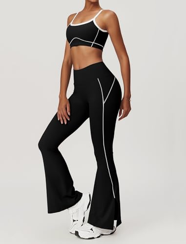 Yoga sets for women 2 piece Fashion contrasting lines Sports Bra and High Wasit Split hem Flared Leggings