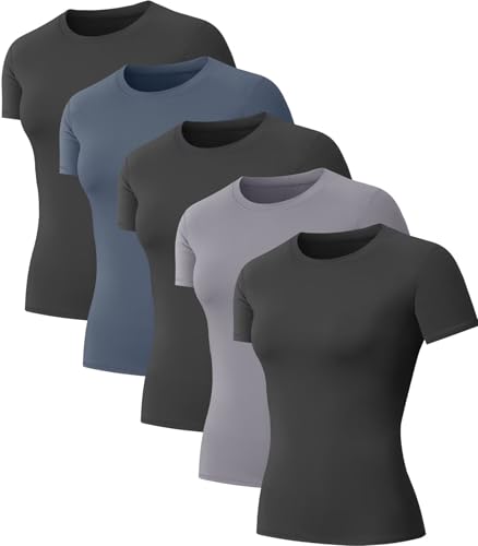 5-Pack Women's Compression Shirts Short Sleeve Workout Tops Athletic Baselayer Quick Dry Gym Yoga Running T-Shirt
