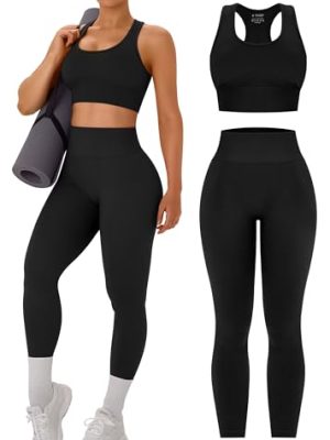 Womens Workout Sets 2 Piece - Acid Wash Seamless Yoga Outfits High Waist Leggings Padded Racerback Sports Bra Gym Set