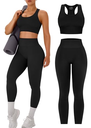 Womens Workout Sets 2 Piece - Acid Wash Seamless Yoga Outfits High Waist Leggings Padded Racerback Sports Bra Gym Set