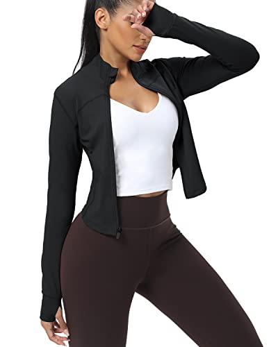 Women's Cropped Running Workout Jackets Zip Slim Fit Athletic Tops with Thumb Holes