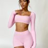 Workout Sets for Women 2 Piece Square Neck Long Sleeve Crop Tops High Waist Biker Shorts Gym Sets