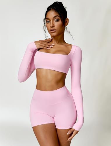 Workout Sets for Women 2 Piece Square Neck Long Sleeve Crop Tops High Waist Biker Shorts Gym Sets