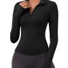 Womens Long Sleeve Workout Tops Quick Dry Quarter Zip Pullover Crop Yoga Athletic Slim Fit Shirts