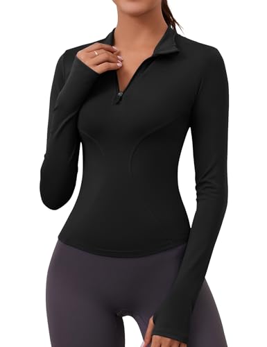 Womens Long Sleeve Workout Tops Quick Dry Quarter Zip Pullover Crop Yoga Athletic Slim Fit Shirts
