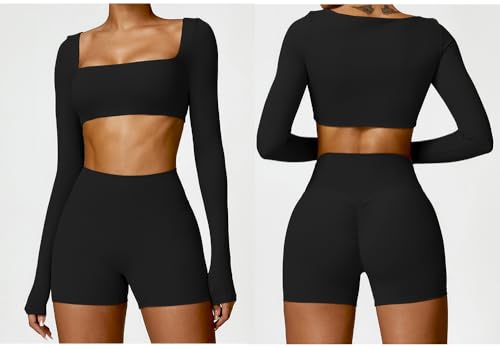 2 Piece Women's Workout Sets,Seamless Long Sleeve Gym Bra Outfits,Butt Lifting Shorts Pants Short trousers.