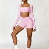Workout Sets for Women 2 Piece Square Neck Long Sleeve Crop Tops High Waist Biker Shorts Gym Sets