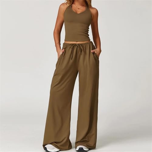 2 Pieces Women Workout Outfits Fitness Sportswear Gym Wide Leg Straight Pants Tracksuit Sports Tank Suit