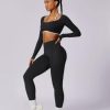 Workout Sets for Women Long Sleeve Crop Top Scrunch Butt Lifting High Waist Leggings with Pockets 2 Piece Outfits