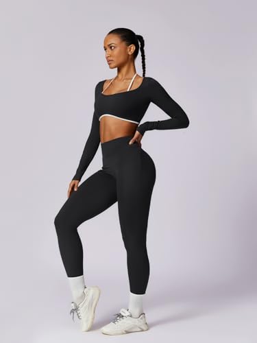 Workout Sets for Women Long Sleeve Crop Top Scrunch Butt Lifting High Waist Leggings with Pockets 2 Piece Outfits