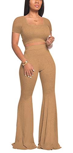 2 Piece Outfits for Women Workout Sets - Sexy Crop Top + High Waisted Flared Long Pant Sets Track Suits Yoga Sports