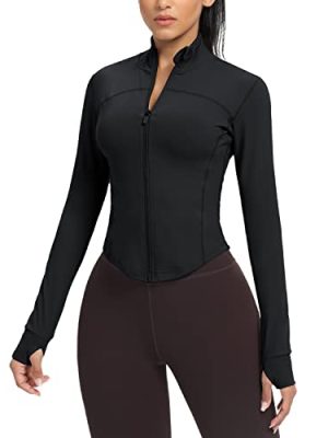 Women's Cropped Running Workout Jackets Zip Slim Fit Athletic Tops with Thumb Holes