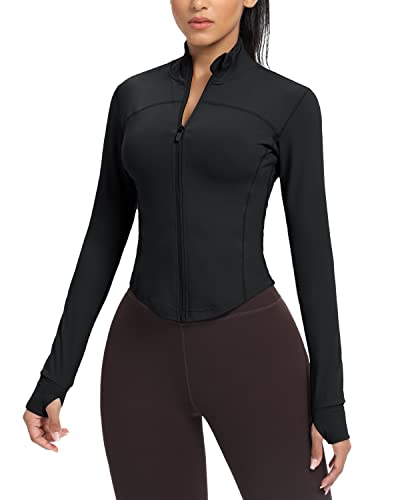 Women's Cropped Running Workout Jackets Zip Slim Fit Athletic Tops with Thumb Holes