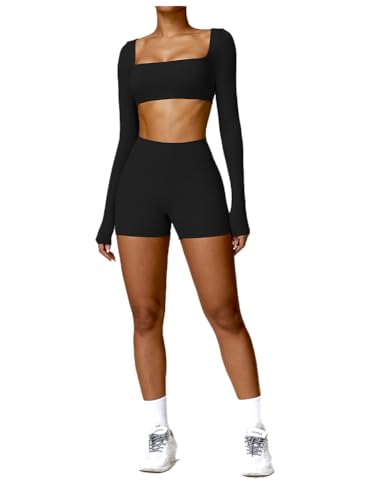 2 Piece Women's Workout Sets,Seamless Long Sleeve Gym Bra Outfits,Butt Lifting Shorts Pants Short trousers.