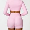 Workout Sets for Women 2 Piece Square Neck Long Sleeve Crop Tops High Waist Biker Shorts Gym Sets