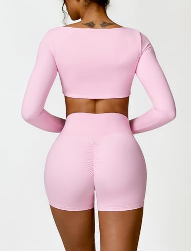 Workout Sets for Women 2 Piece Square Neck Long Sleeve Crop Tops High Waist Biker Shorts Gym Sets